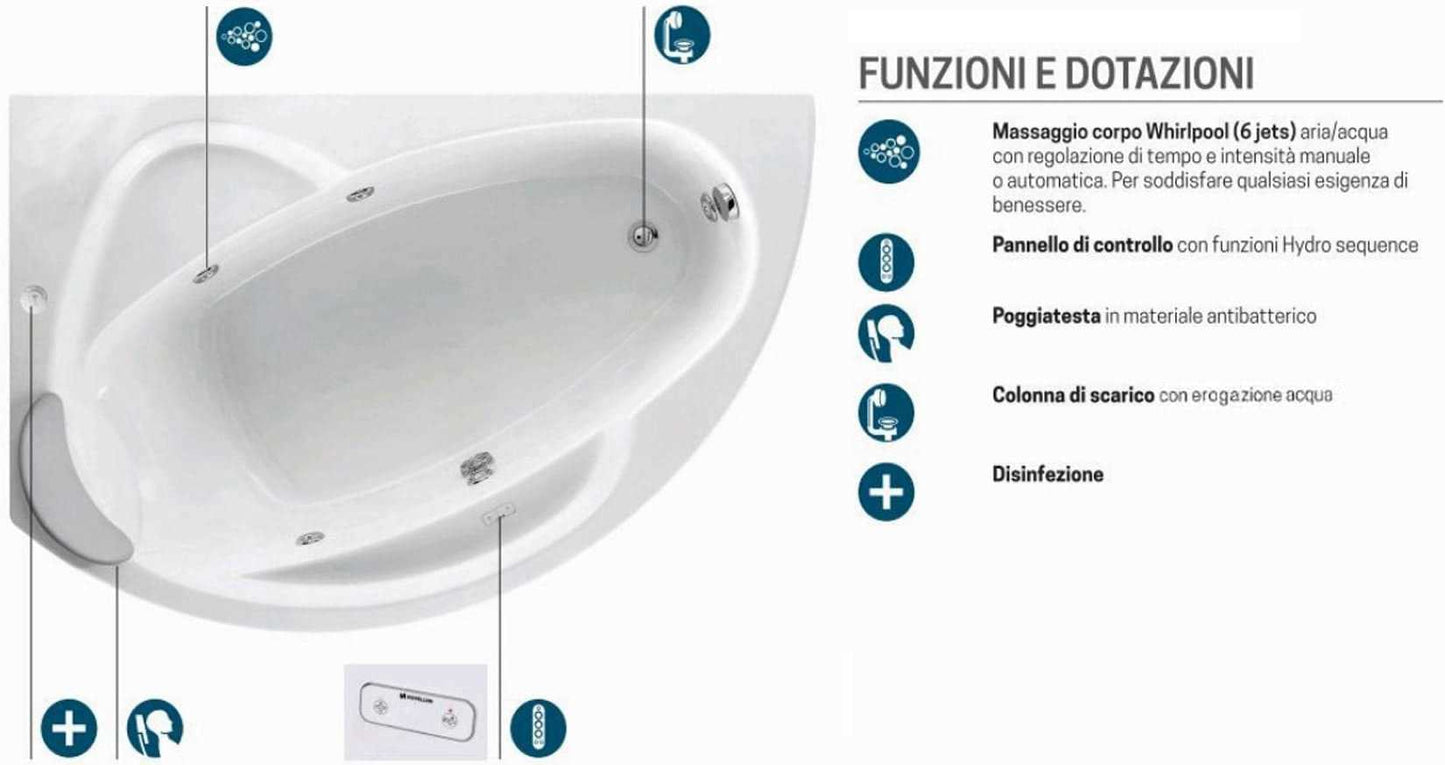 Novellini Vogue Vasca da Bagno Versione Hydro Con Disinfezione Misura 150x85 H55 cm Idro Whirlpool 5 Jets Forma Esterna Semicircolare Asimmetrica Interna Ovale Installazione Angolare Sinistra Pannello Erogatore Cuscino Materiale Acrilico Finitura Bianco