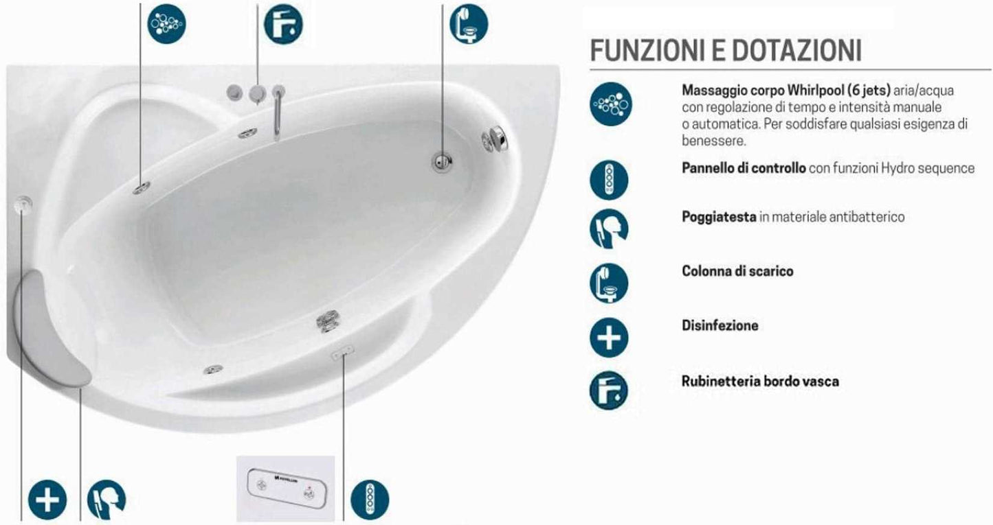 Novellini Vogue Vasca da Bagno Versione Hydro Con Disinfezione Misura 150x85 H55 cm Idro Whirlpool 5 Jets Forma Esterna Semicircolare Asimmetrica Interna Ovale Installazione Angolo Sinistra Pannello Rubinetteria Cuscino Materiale Acrilico Colore Bianco