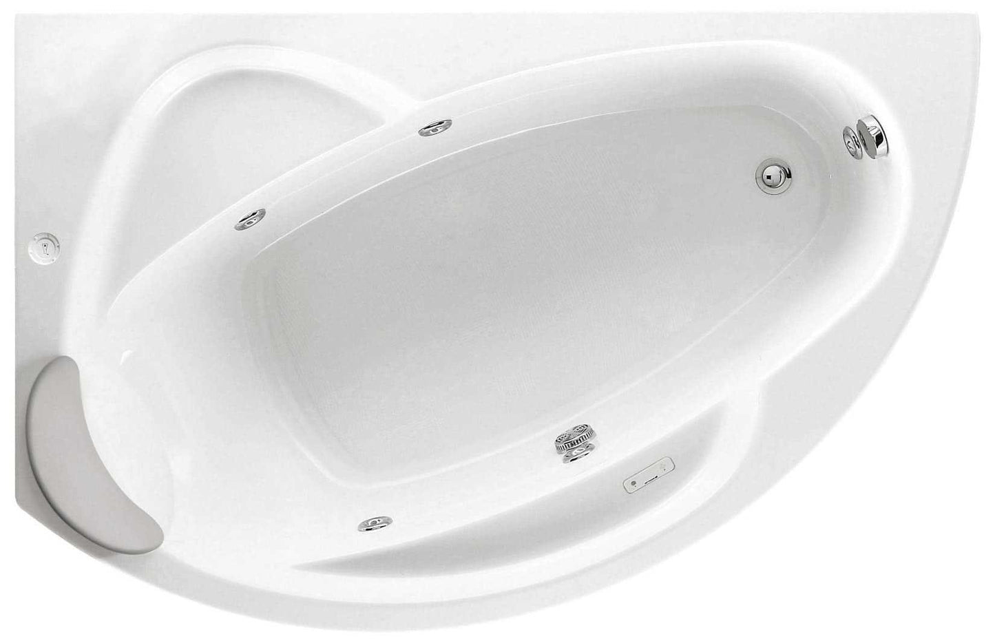 Novellini Vogue Vasca da Bagno Versione Hydro Con Disinfezione Misura 150x85 H55 cm Idro Whirlpool 5 Jets Forma Esterna Semicircolare Asimmetrica Interna Ovale Installazione Angolare Sinistra Pannello Colonna Cuscino Materiale Acrilico Finitura Bianco