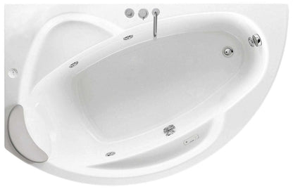 Novellini Vogue Vasca da Bagno Versione Hydro Con Disinfezione Misura 150x85 H55 cm Idro Whirlpool 5 Jets Forma Esterna Semicircolare Asimmetrica Interna Ovale Installazione Angolo Sinistra Pannello Rubinetteria Cuscino Materiale Acrilico Colore Bianco