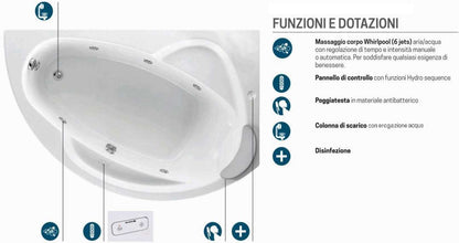 Novellini Vogue Vasca da Bagno Versione Hydro Con Disinfezione Misura 165X85 H55 cm Idro Whirlpool 7 Jets Forma Esterna Semicircolare Asimmetrica Interna Ovale Installazione Angolare Destra Pannello Erogatore Cuscino Materiale Acrilico Finitura Bianco