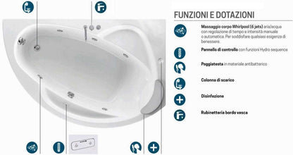 Novellini Vogue Vasca da Bagno Versione Hydro Con Disinfezione Misura 165X85 H55 cm Idro Whirlpool 7 Jets Forma Esterna Semicircolare Asimmetrica Interna Ovale Installazione Angolo Destra DX Pannello Rubinetteria Cuscino Materiale Acrilico Colore Bianco