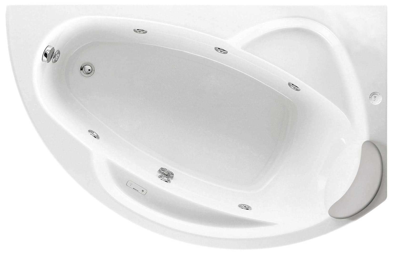 Novellini Vogue Vasca da Bagno Versione Hydro Con Disinfezione Misura 165x85 H55 cm Idro Whirlpool 7 Jets Forma Esterna Semicircolare Asimmetrica Interna Ovale Installazione Angolare Destra Pannello Colonna Cuscino Materiale Acrilico Finitura Bianco