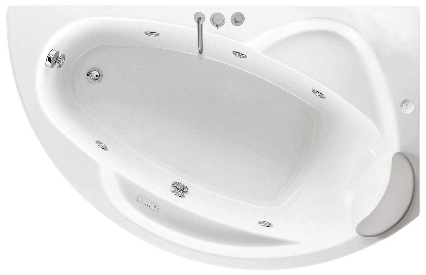 Novellini Vogue Vasca da Bagno Versione Hydro Con Disinfezione Misura 165X85 H55 cm Idro Whirlpool 7 Jets Forma Esterna Semicircolare Asimmetrica Interna Ovale Installazione Angolo Destra DX Pannello Rubinetteria Cuscino Materiale Acrilico Colore Bianco