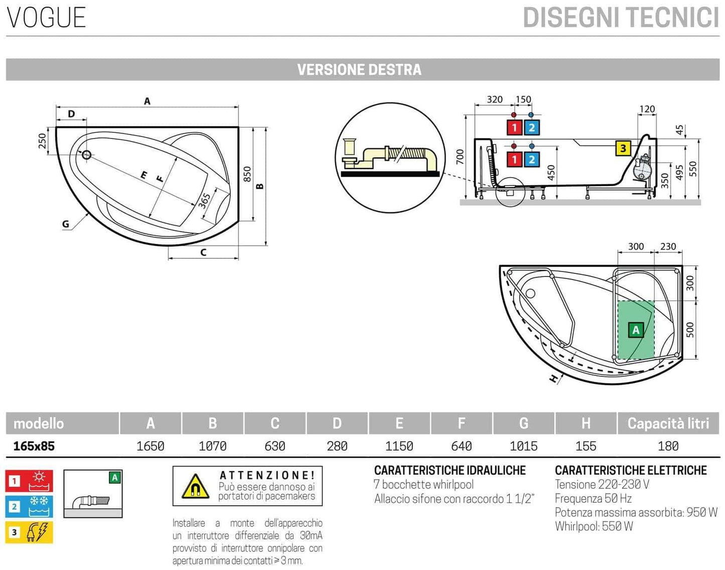 Novellini Vogue Vasca da Bagno Versione Hydro Con Disinfezione Misura 165X85 H55 cm Idro Whirlpool 7 Jets Forma Esterna Semicircolare Asimmetrica Interna Ovale Installazione Angolo Destra DX Pannello Rubinetteria Cuscino Materiale Acrilico Colore Bianco