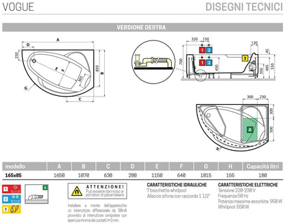 Novellini Vogue Vasca da Bagno Versione Hydro Con Disinfezione Misura 165X85 H55 cm Idro Whirlpool 7 Jets Forma Esterna Semicircolare Asimmetrica Interna Ovale Installazione Angolo Destra DX Pannello Rubinetteria Cuscino Materiale Acrilico Colore Bianco