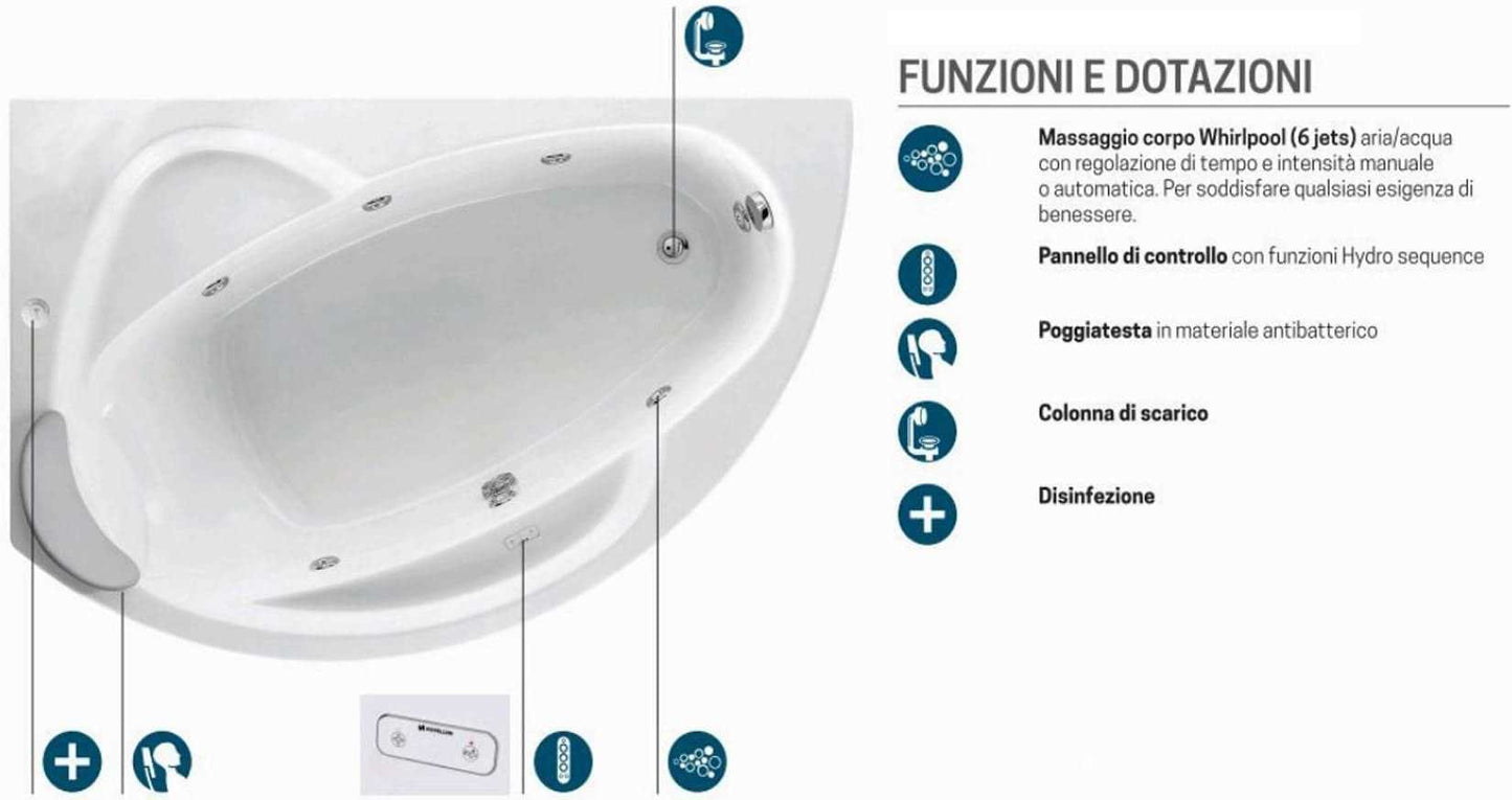Novellini Vogue Vasca da Bagno Versione Hydro Con Disinfezione Misura 165x85 H55 cm Idro Whirlpool 7 Jets Forma Esterna Semicircolare Asimmetrica Interna Ovale Installazione Angolare Sinistra Pannello Colonna Cuscino Materiale Acrilico Finitura Bianco
