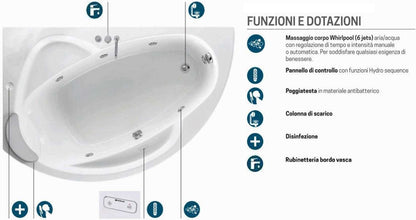 Novellini Vogue Vasca da Bagno Versione Hydro Con Disinfezione Misura 165X85 H55 cm Idro Whirlpool 7 Jets Forma Esterna Semicircolare Asimmetrica Interna Ovale Installazione Angolo Sinistra Pannello Rubinetteria Cuscino Materiale Acrilico Colore Bianco