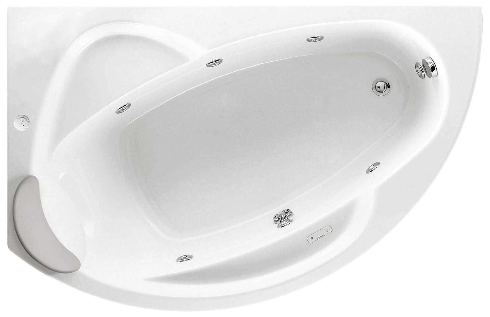 Novellini Vogue Vasca da Bagno Versione Hydro Con Disinfezione Misura 165X85 H55 cm Idro Whirlpool 7 Jets Forma Esterna Semicircolare Asimmetrica Interna Ovale Installazione Angolare Sinistra Pannello Erogatore Cuscino Materiale Acrilico Finitura Bianco