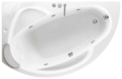 Novellini Vogue Vasca da Bagno Versione Hydro Con Disinfezione Misura 165X85 H55 cm Idro Whirlpool 7 Jets Forma Esterna Semicircolare Asimmetrica Interna Ovale Installazione Angolo Sinistra Pannello Rubinetteria Cuscino Materiale Acrilico Colore Bianco