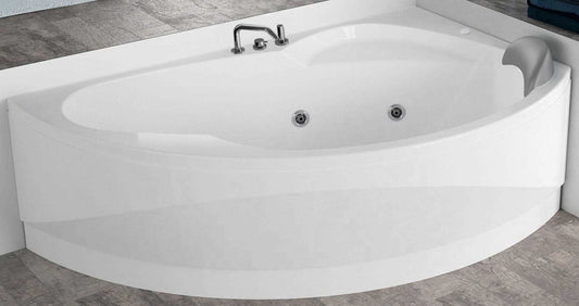 Novellini Vogue Vasca da Bagno Versione Hydro Con Disinfezione Misura 150x85 H55 cm Idro Whirlpool 5 Jets Forma Esterna Semicircolare Asimmetrica Interna Ovale Installazione Angolo Destra Pannello Rubinetteria Cuscino Materiale Acrilico Colore Bianco