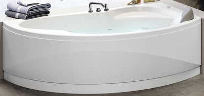 Novellini Vogue Vasca da Bagno Versione Hydro Con Disinfezione Misura 150x85 H55 cm Idro Whirlpool 5 Jets Forma Esterna Semicircolare Asimmetrica Interna Ovale Installazione Angolo Destra Pannello Rubinetteria Cuscino Materiale Acrilico Colore Bianco