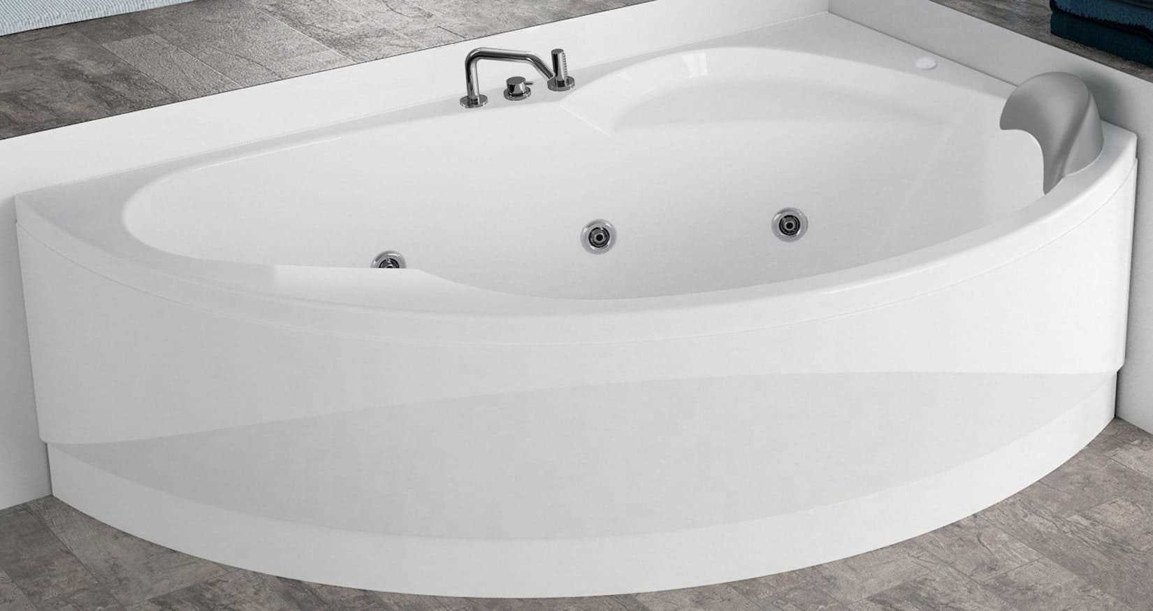 Novellini Vogue Vasca da Bagno Versione Hydro Con Disinfezione Misura 165X85 H55 cm Idro Whirlpool 7 Jets Forma Esterna Semicircolare Asimmetrica Interna Ovale Installazione Angolo Destra DX Pannello Rubinetteria Cuscino Materiale Acrilico Colore Bianco