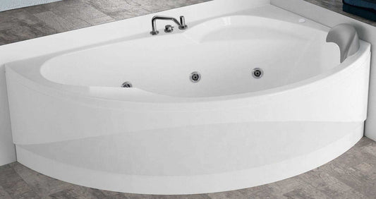 Novellini Vogue Vasca da Bagno Versione Hydro Con Disinfezione Misura 165X85 H55 cm Idro Whirlpool 7 Jets Forma Esterna Semicircolare Asimmetrica Interna Ovale Installazione Angolo Destra DX Pannello Rubinetteria Cuscino Materiale Acrilico Colore Bianco
