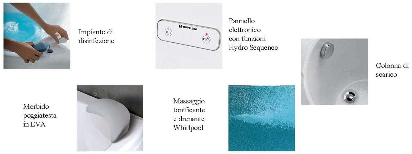 Novellini Vogue Vasca da Bagno Versione Hydro Con Disinfezione Misura 150x85 H55 cm Idro Whirlpool 5 Jets Forma Esterna Semicircolare Asimmetrica Interna Ovale Installazione Angolare Destra Pannello Colonna Cuscino Materiale Acrilico Finitura Bianco