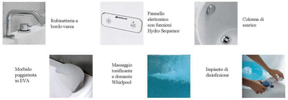 Novellini Vogue Vasca da Bagno Versione Hydro Con Disinfezione Misura 150x85 H55 cm Idro Whirlpool 5 Jets Forma Esterna Semicircolare Asimmetrica Interna Ovale Installazione Angolo Destra Pannello Rubinetteria Cuscino Materiale Acrilico Colore Bianco