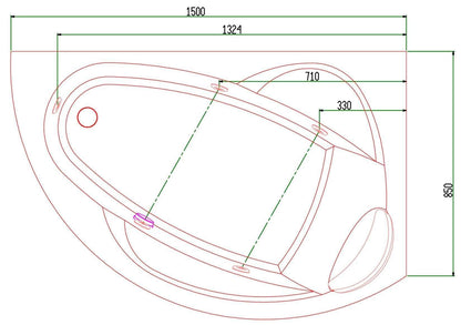 Novellini Vogue Vasca da Bagno Versione Hydro Con Disinfezione Misura 150x85 H55 cm Idro Whirlpool 5 Jets Forma Esterna Semicircolare Asimmetrica Interna Ovale Installazione Angolare Destra Pannello Colonna Cuscino Materiale Acrilico Finitura Bianco