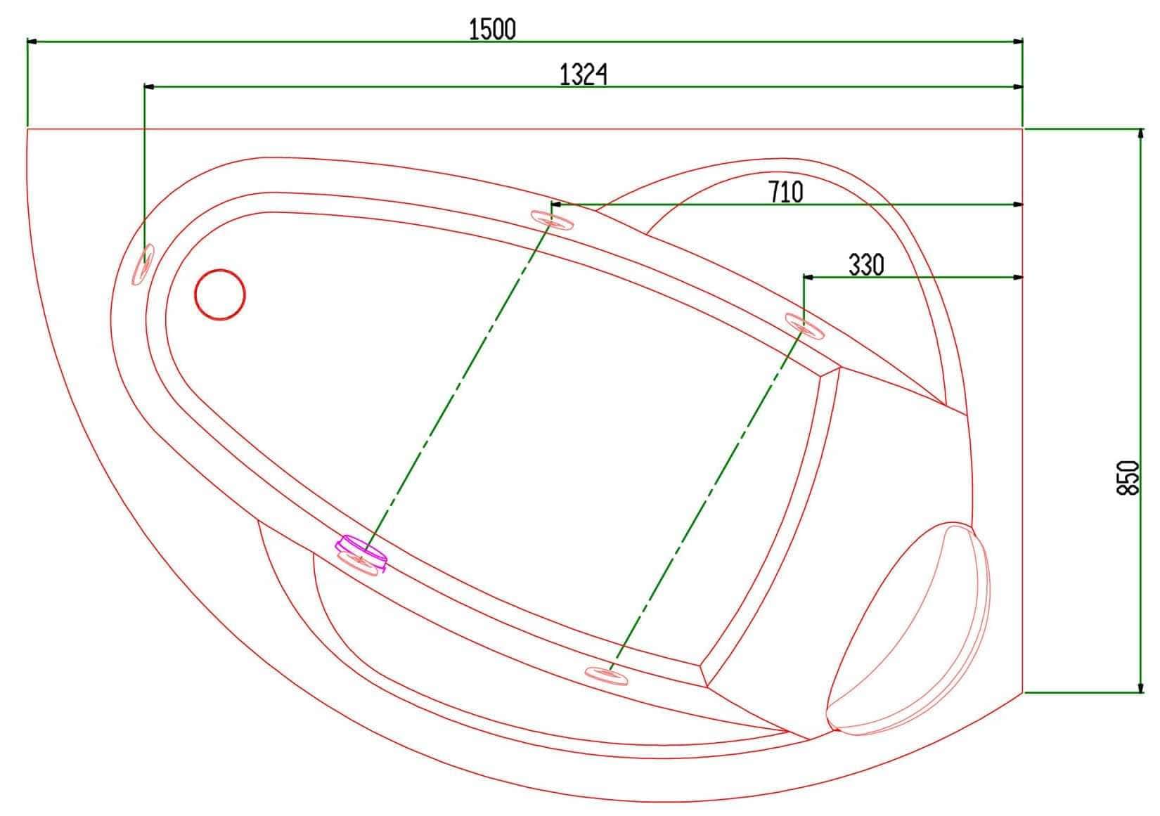 Novellini Vogue Vasca da Bagno Versione Hydro Con Disinfezione Misura 150x85 H55 cm Idro Whirlpool 5 Jets Forma Esterna Semicircolare Asimmetrica Interna Ovale Installazione Angolo Destra Pannello Rubinetteria Cuscino Materiale Acrilico Colore Bianco