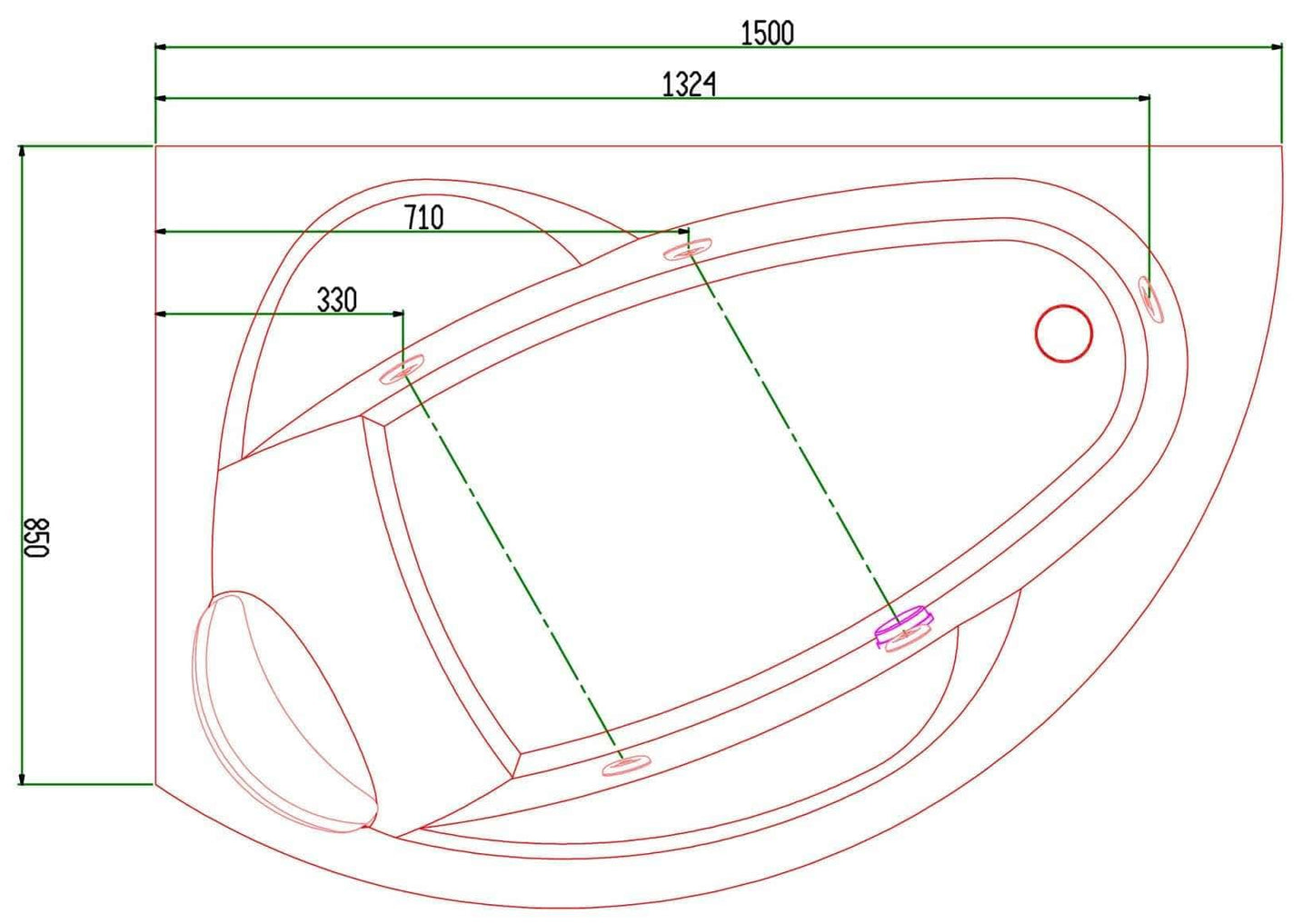 Novellini Vogue Vasca da Bagno Versione Hydro Con Disinfezione Misura 150x85 H55 cm Idro Whirlpool 5 Jets Forma Esterna Semicircolare Asimmetrica Interna Ovale Installazione Angolare Sinistra Pannello Colonna Cuscino Materiale Acrilico Finitura Bianco