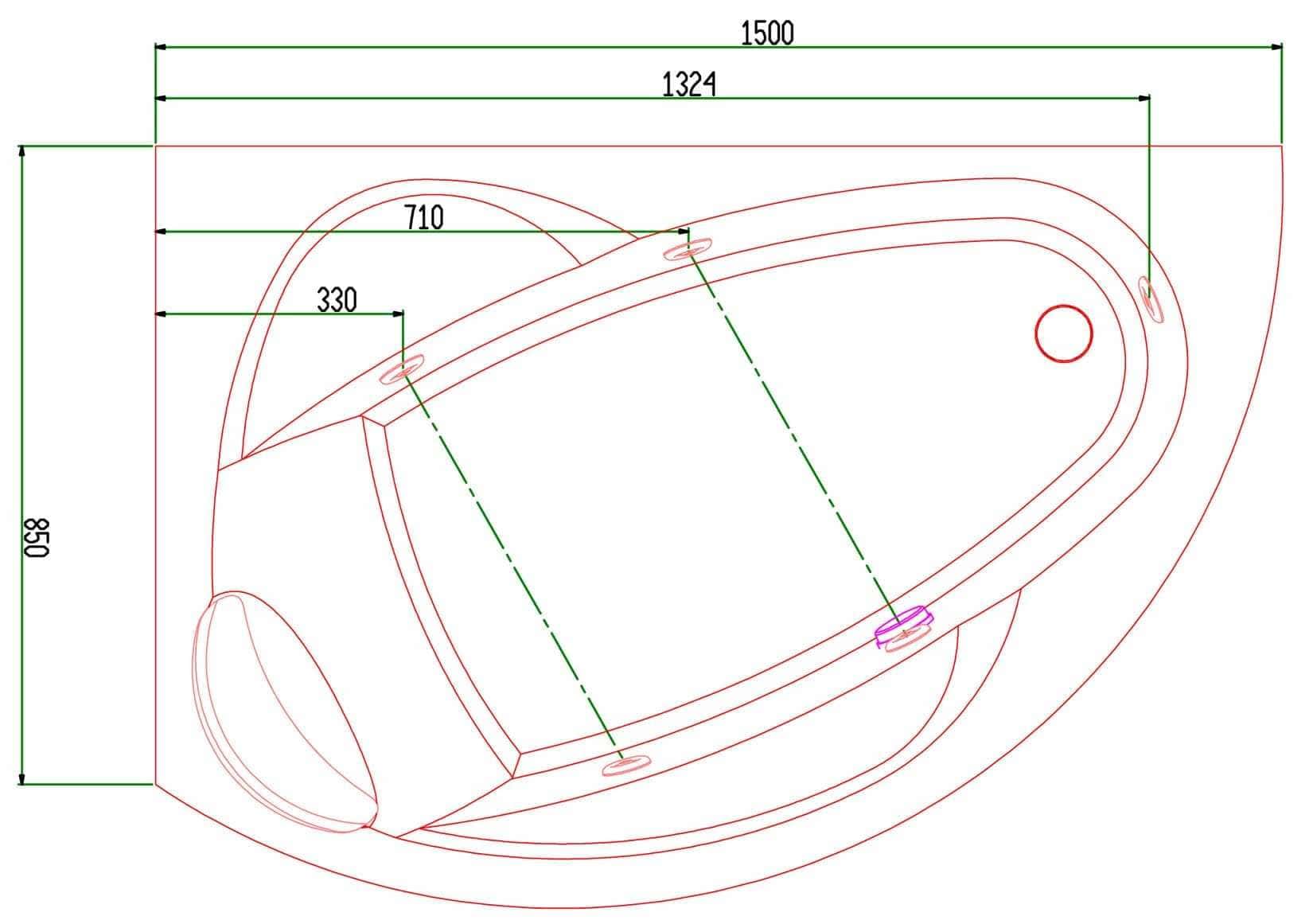 Novellini Vogue Vasca da Bagno Versione Hydro Con Disinfezione Misura 150x85 H55 cm Idro Whirlpool 5 Jets Forma Esterna Semicircolare Asimmetrica Interna Ovale Installazione Angolo Sinistra Pannello Rubinetteria Cuscino Materiale Acrilico Colore Bianco
