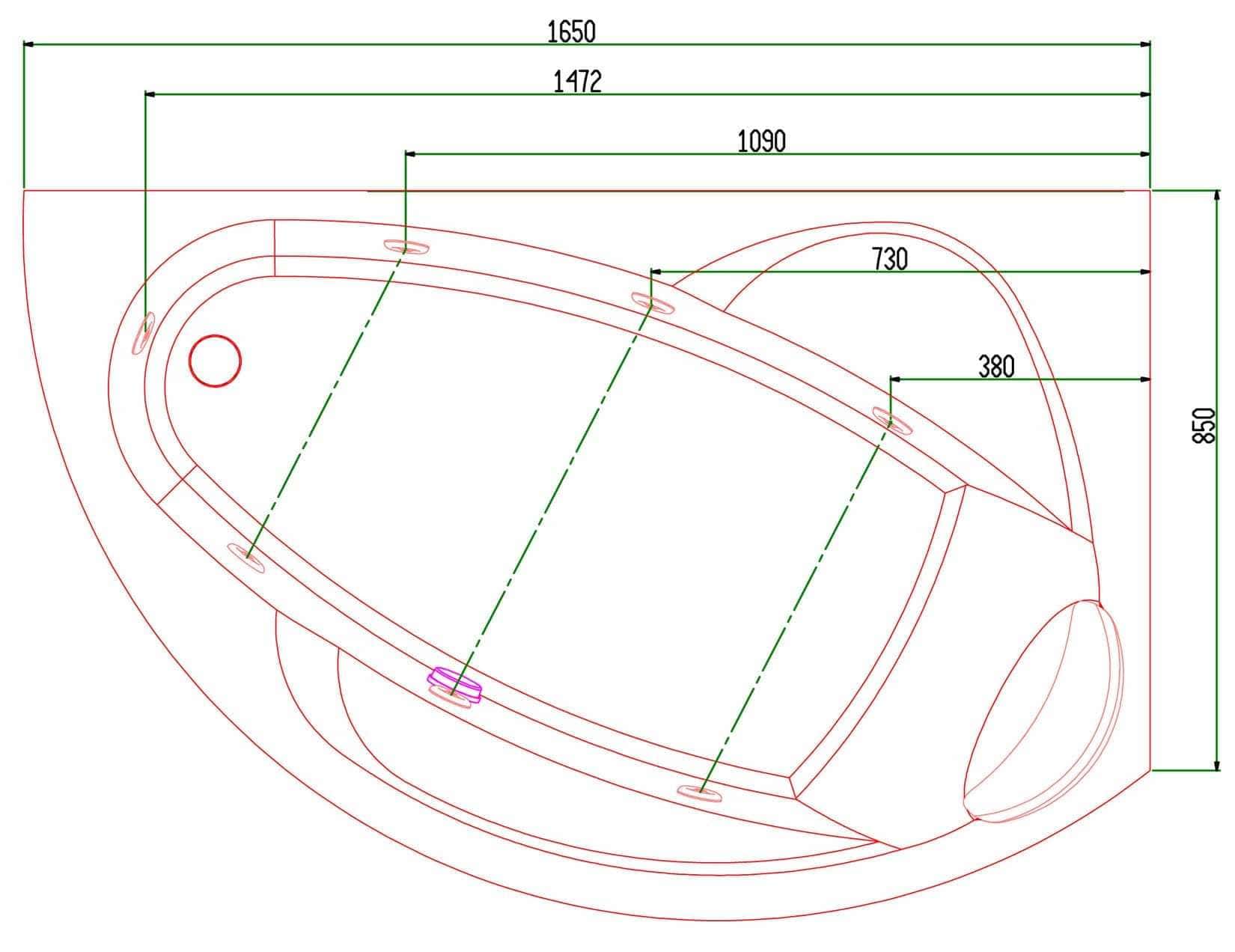Novellini Vogue Vasca da Bagno Versione Hydro Con Disinfezione Misura 165x85 H55 cm Idro Whirlpool 7 Jets Forma Esterna Semicircolare Asimmetrica Interna Ovale Installazione Angolare Destra Pannello Colonna Cuscino Materiale Acrilico Finitura Bianco