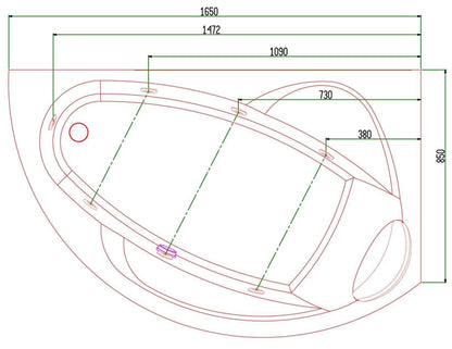 Novellini Vogue Vasca da Bagno Versione Hydro Con Disinfezione Misura 165x85 H55 cm Idro Whirlpool 7 Jets Forma Esterna Semicircolare Asimmetrica Interna Ovale Installazione Angolare Destra Pannello Colonna Cuscino Materiale Acrilico Finitura Bianco