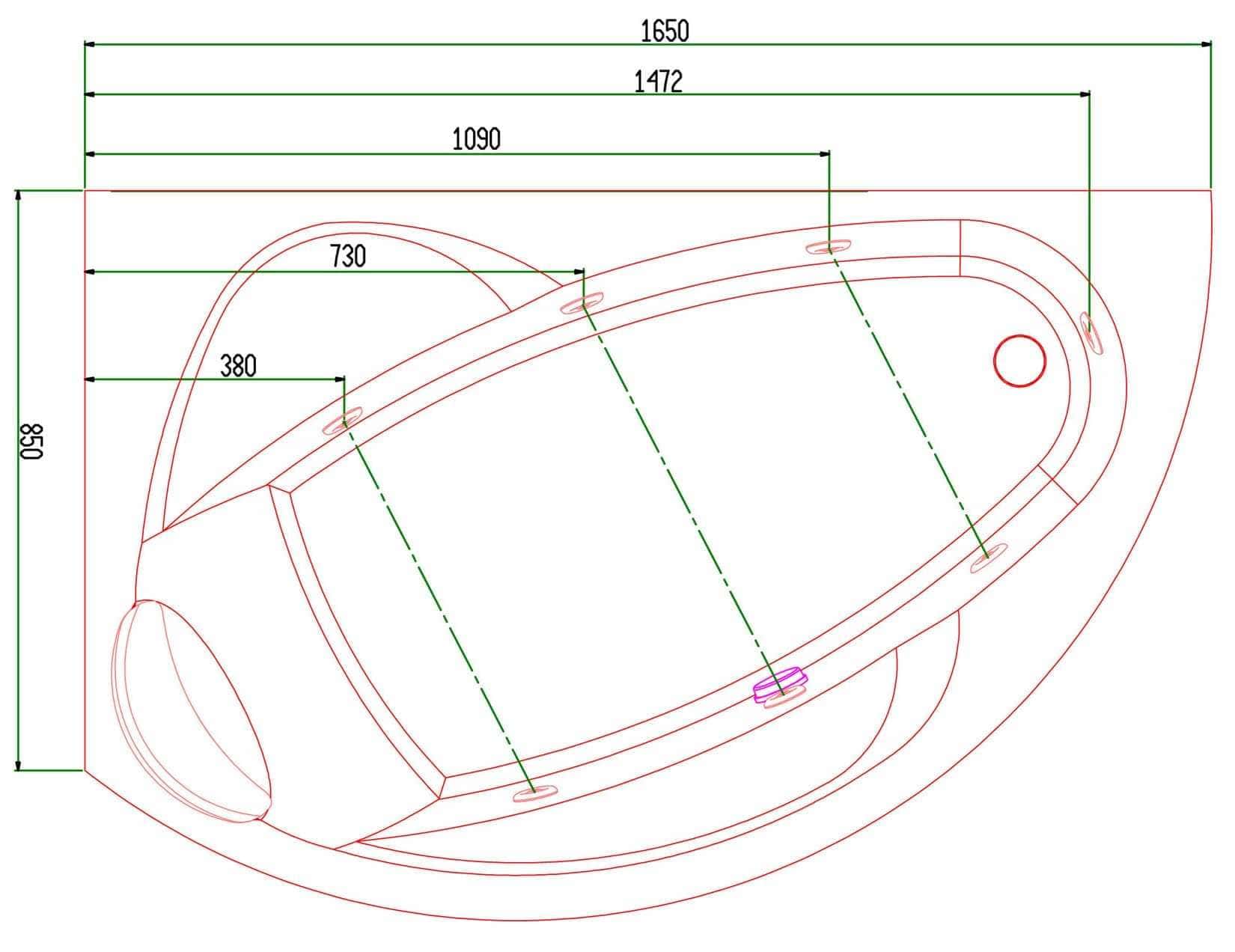 Novellini Vogue Vasca da Bagno Versione Hydro Con Disinfezione Misura 165x85 H55 cm Idro Whirlpool 7 Jets Forma Esterna Semicircolare Asimmetrica Interna Ovale Installazione Angolare Sinistra Pannello Colonna Cuscino Materiale Acrilico Finitura Bianco