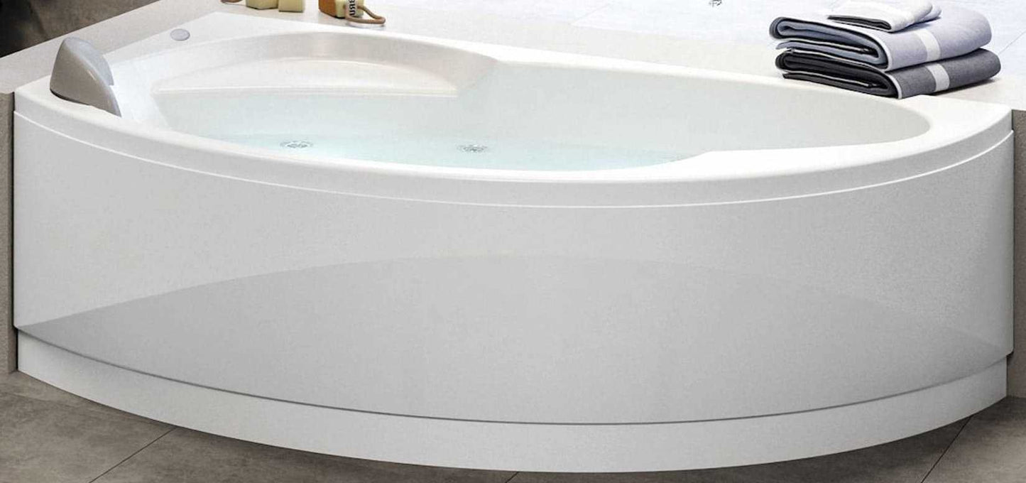 Novellini Vogue Vasca da Bagno Versione Hydro Con Disinfezione Misura 150x85 H55 cm Idro Whirlpool 5 Jets Forma Esterna Semicircolare Asimmetrica Interna Ovale Installazione Angolare Sinistra Pannello Erogatore Cuscino Materiale Acrilico Finitura Bianco