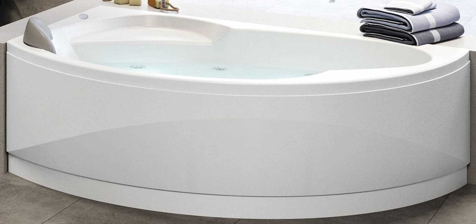 Novellini Vogue Vasca da Bagno Versione Hydro Con Disinfezione Misura 165x85 H55 cm Idro Whirlpool 7 Jets Forma Esterna Semicircolare Asimmetrica Interna Ovale Installazione Angolare Sinistra Pannello Colonna Cuscino Materiale Acrilico Finitura Bianco