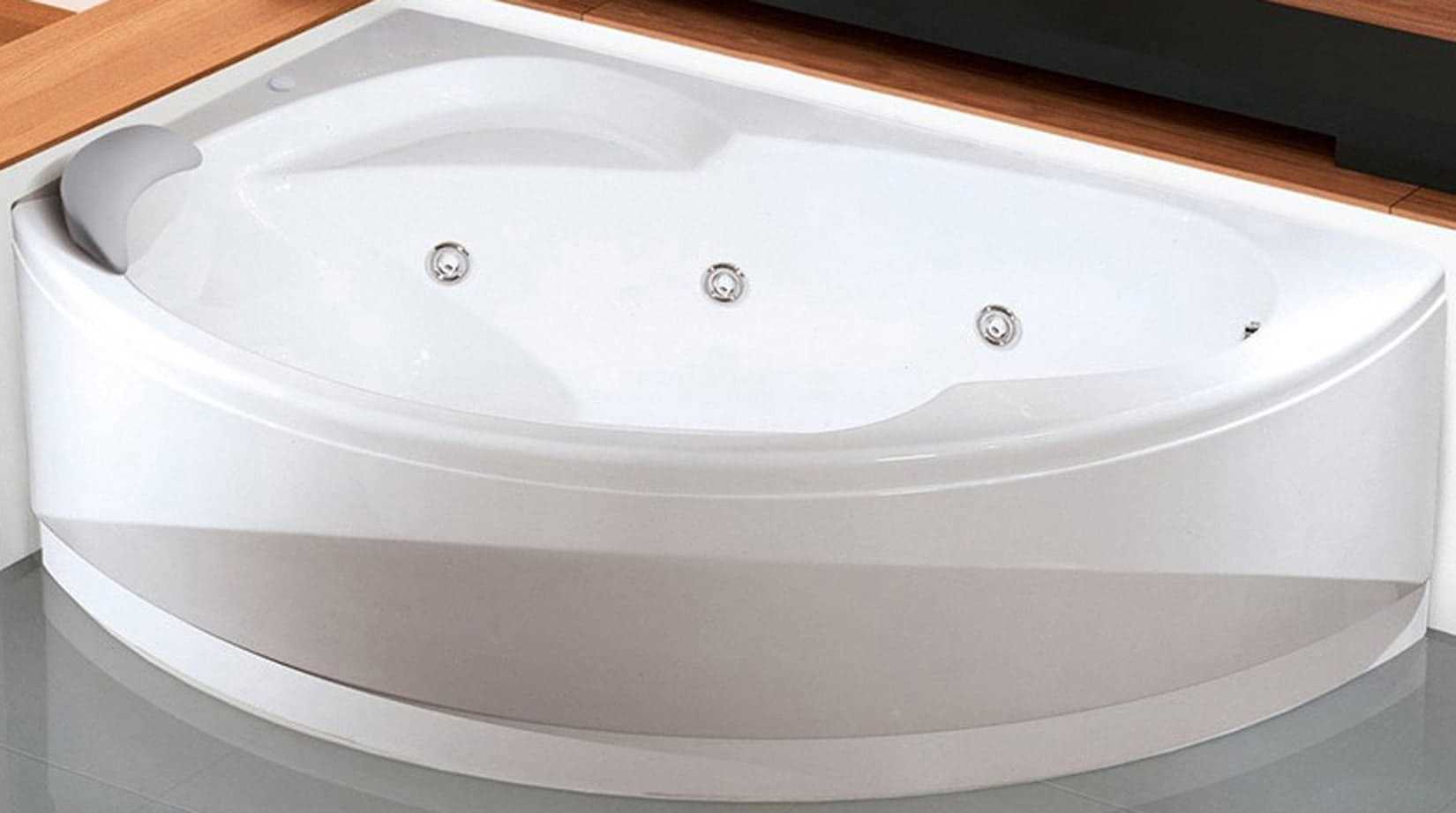 Novellini Vogue Vasca da Bagno Versione Hydro Con Disinfezione Misura 165x85 H55 cm Idro Whirlpool 7 Jets Forma Esterna Semicircolare Asimmetrica Interna Ovale Installazione Angolare Sinistra Pannello Colonna Cuscino Materiale Acrilico Finitura Bianco