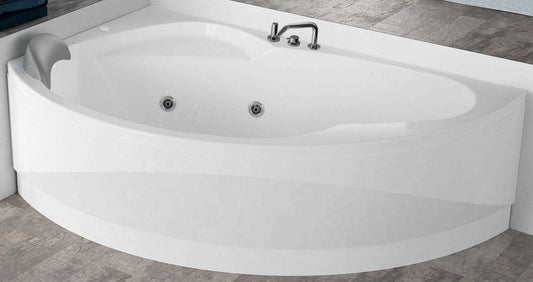 Novellini Vogue Vasca da Bagno Versione Hydro Con Disinfezione Misura 150x85 H55 cm Idro Whirlpool 5 Jets Forma Esterna Semicircolare Asimmetrica Interna Ovale Installazione Angolo Sinistra Pannello Rubinetteria Cuscino Materiale Acrilico Colore Bianco