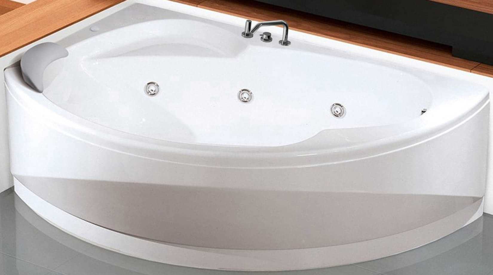 Novellini Vogue Vasca da Bagno Versione Hydro Con Disinfezione Misura 165X85 H55 cm Idro Whirlpool 7 Jets Forma Esterna Semicircolare Asimmetrica Interna Ovale Installazione Angolo Sinistra Pannello Rubinetteria Cuscino Materiale Acrilico Colore Bianco