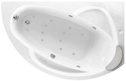 Novellini Vogue Vasca da Bagno Versione Hydro Plus Misura 150x85 H55 cm Idro Whirlpool 5 Jets Disinfezione Airpool 12 Getti Forma Esterna Curva Asimmetrica Interna Ovale Montaggio Angolo Destra Pannello Colonna Cuscino Materiale Acrilico Finitura Bianco
