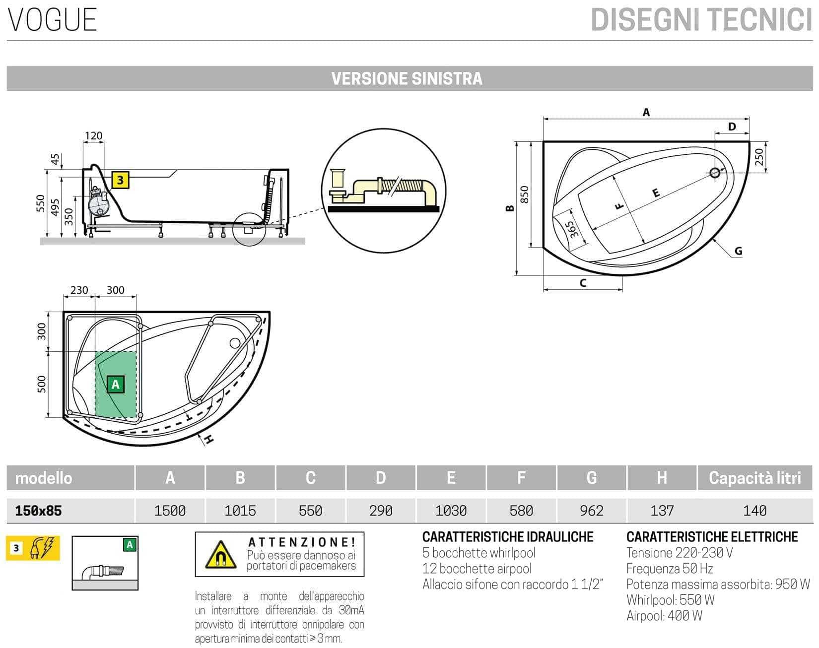 Novellini Vogue Vasca da Bagno Versione Hydro Plus Misura 150x85 H55 cm Idro Whirlpool 5 Jets Disinfezione Airpool 12 Getti Forma Esterna Curva Asimmetrica Interna Ovale Montaggio Angolo Sinistra Pannello Colonna Cuscino Materiale Acrilico Finitura Bianco