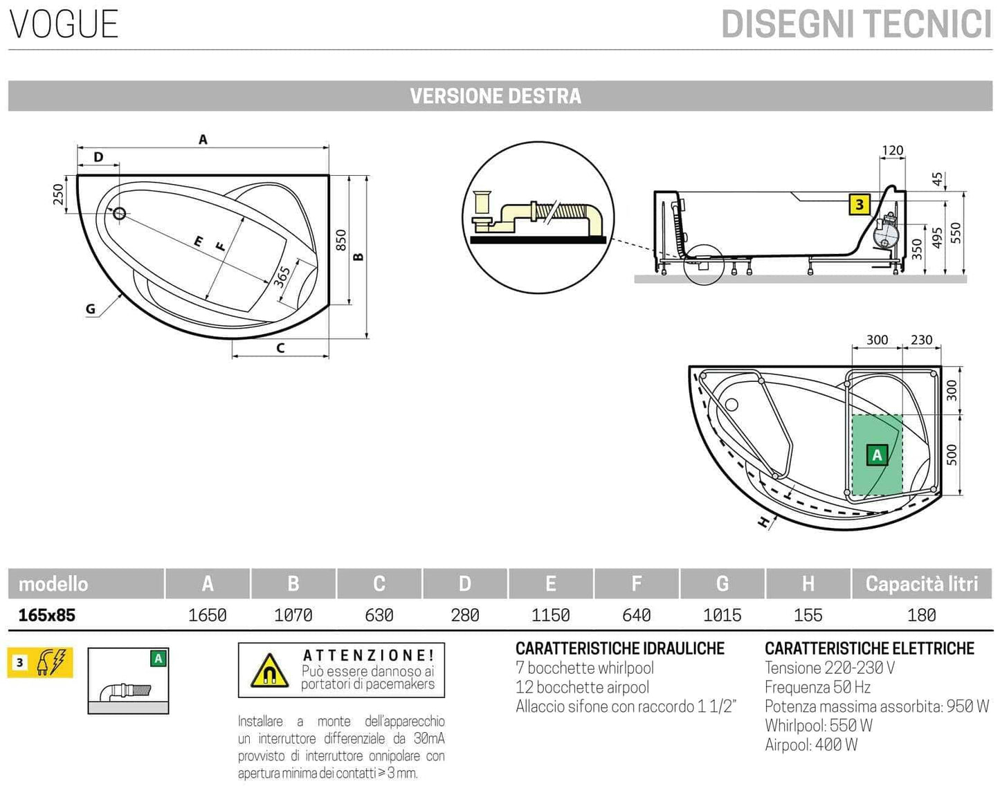 Novellini Vogue Vasca da Bagno Versione Hydro Plus Misura 165x85 H55 cm Idro Whirlpool 7 Jets Disinfezione Airpool 12 Getti Forma Esterna Curva Asimmetrica Interna Ovale Montaggio Angolo Destra Pannello Colonna Cuscino Materiale Acrilico Finitura Bianco