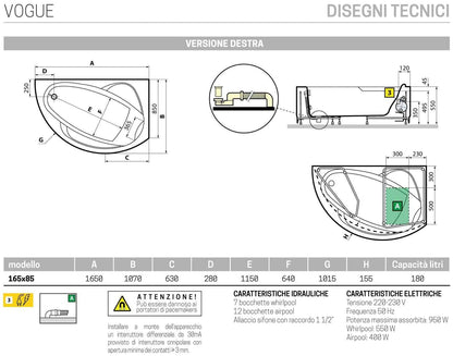 Novellini Vogue Vasca da Bagno Versione Hydro Plus Misura 165x85 H55 cm Idro Whirlpool 7 Jets Disinfezione Airpool 12 Getti Forma Esterna Curva Asimmetrica Interna Ovale Montaggio Angolo Destra Pannello Colonna Cuscino Materiale Acrilico Finitura Bianco