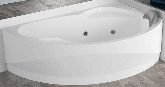 Novellini Vogue Vasca da Bagno Versione Hydro Plus Misura 150x85 H55 cm Idro Whirlpool 5 Jets Disinfezione Airpool 12 Getti Forma Esterna Curva Asimmetrica Interna Ovale Montaggio Angolo Destra Pannello Erogatore Cuscino Materiale Acrilico Colore Bianco