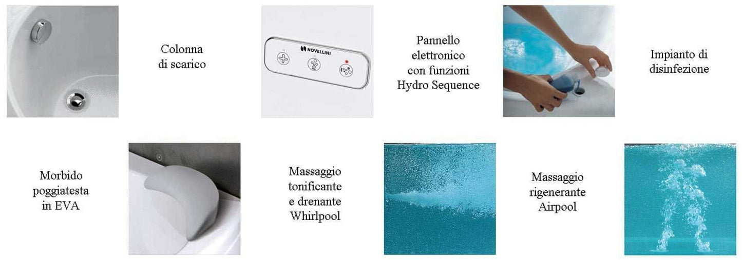 Novellini Vogue Vasca da Bagno Versione Hydro Plus Misura 165x85 H55 cm Idro Whirlpool 7 Jets Disinfezione Airpool 12 Getti Forma Esterna Curva Asimmetrica Interna Ovale Montaggio Angolo Destra Pannello Colonna Cuscino Materiale Acrilico Finitura Bianco