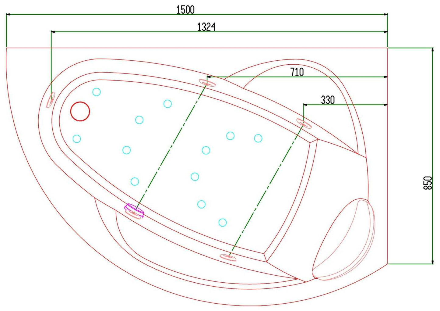 Novellini Vogue Vasca da Bagno Versione Hydro Plus Misura 150x85 H55 cm Idro Whirlpool 5 Jets Disinfezione Airpool 12 Getti Forma Esterna Curva Asimmetrica Interna Ovale Montaggio Angolo Destra Pannello Colonna Cuscino Materiale Acrilico Finitura Bianco