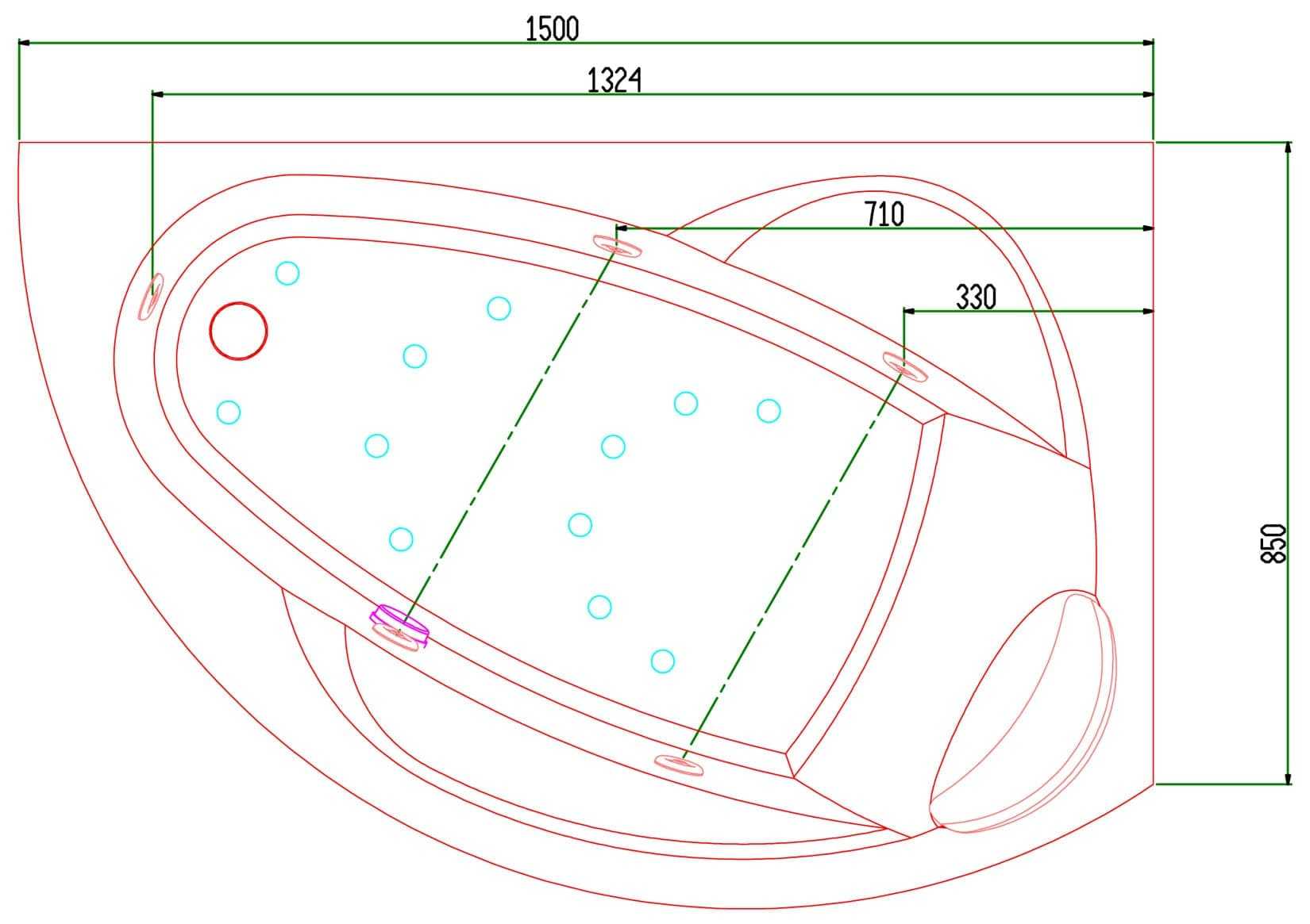 Novellini Vogue Vasca da Bagno Versione Hydro Plus Misura 150x85 H55 cm Idro Whirlpool 5 Jets Disinfezione Airpool 12 Getti Forma Esterna Curva Asimmetrica Interna Ovale Montaggio Angolo Destra Pannello Colonna Cuscino Materiale Acrilico Finitura Bianco