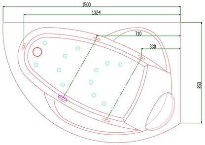 Novellini Vogue Vasca da Bagno Versione Hydro Plus Misura 150x85 H55 cm Idro Whirlpool 5 Jets Disinfezione Airpool 12 Getti Forma Esterna Curva Asimmetrica Interna Ovale Montaggio Angolo Destra Pannello Colonna Cuscino Materiale Acrilico Finitura Bianco
