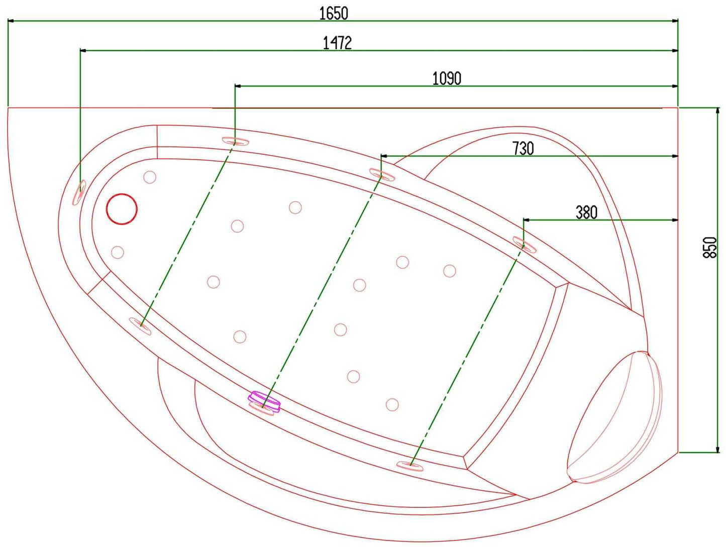 Novellini Vogue Vasca da Bagno Versione Hydro Plus Misura 165x85 H55 cm Idro Whirlpool 7 Jets Disinfezione Airpool 12 Getti Forma Esterna Curva Asimmetrica Interna Ovale Montaggio Angolo Destra Pannello Colonna Cuscino Materiale Acrilico Finitura Bianco
