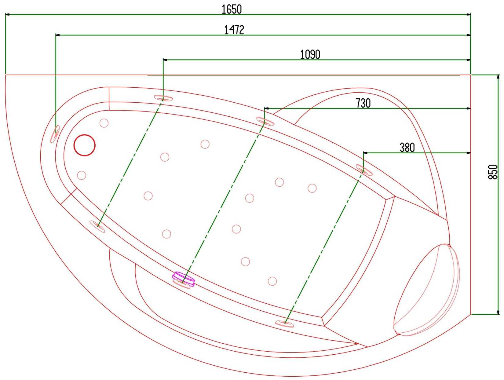 Novellini Vogue Vasca da Bagno Versione Hydro Plus Misura 165x85 H55 cm Idro Whirlpool 7 Jets Disinfezione Airpool 12 Getti Forma Esterna Curva Asimmetrica Interna Ovale Montaggio Angolo Destra Pannello Colonna Cuscino Materiale Acrilico Finitura Bianco