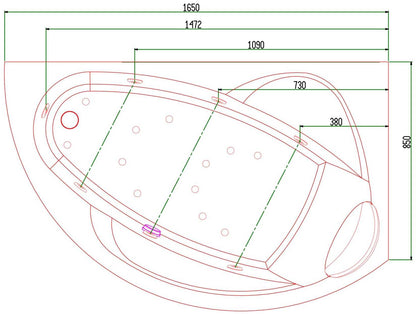 Novellini Vogue Vasca da Bagno Versione Hydro Plus Misura 165x85 H55 cm Idro Whirlpool 7 Jets Disinfezione Airpool 12 Getti Forma Esterna Curva Asimmetrica Interna Ovale Montaggio Angolo Destra Pannello Colonna Cuscino Materiale Acrilico Finitura Bianco