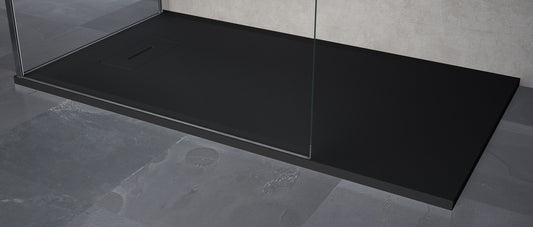 Piatto Doccia Novellini Novosolid Rettangolare Dimensione 140x70 Altezza 3,5 cm Colore Nero Opaco Ultrapiatto Installazione Appoggio Filo Pavimento Sagomabile Tagliabile Superficie Effetto Pietra Materiale Resina Compreso Copri Piletta