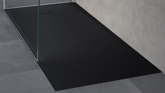 Piatto Doccia Novellini Novosolid Rettangolare Dimensione 170x80 Altezza 3,5 cm Colore Nero Opaco Ultrapiatto Installazione Appoggio Filo Pavimento Sagomabile Tagliabile Superficie Effetto Pietra Materiale Resina Compreso Copri Piletta
