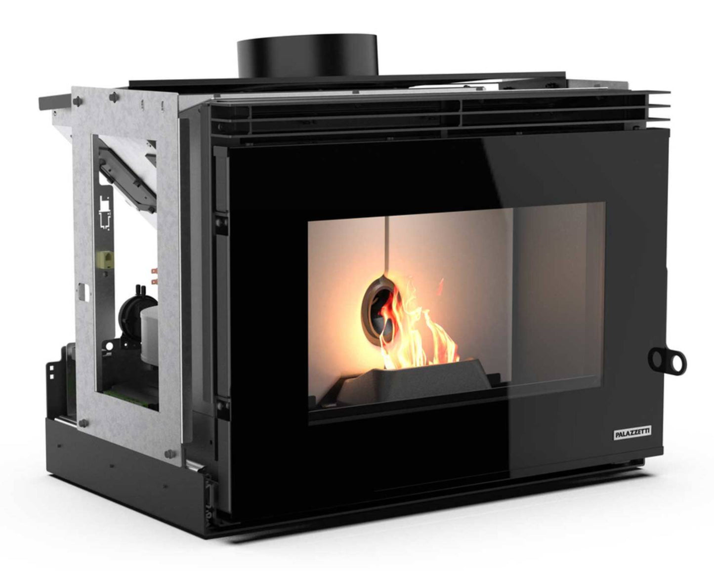 Palazzetti Inserto A70S Focolare Pellet Aria Calda Ventilata Frontale Canalizzabile Velocità Regolabile 9Kw Inserimento Camino Porta Autobilanciante Coperchio Display Digitale Gestione Parametri Braciere Ghisa Pareti Thermofix Sensore Livello 70x48 H52 cm