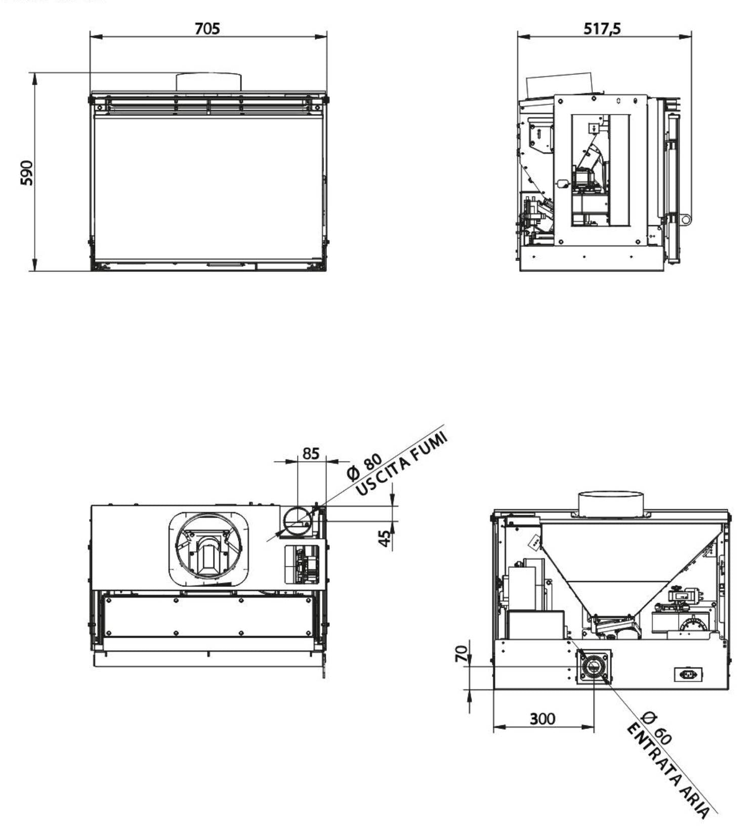 Palazzetti Inserto A70S Focolare Pellet Aria Calda Ventilata Frontale Canalizzabile Velocità Regolabile 9Kw Inserimento Camino Porta Autobilanciante Coperchio Display Digitale Gestione Parametri Braciere Ghisa Pareti Thermofix Sensore Livello 70x48 H52 cm