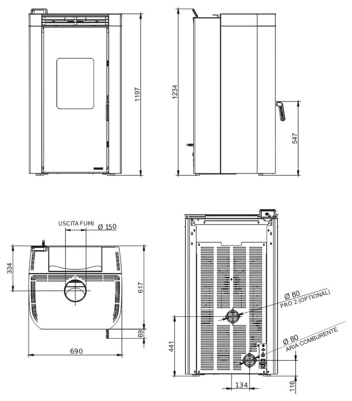 Palazzetti Multifire Archie 14 Stufa Ibrida a Legna e Pellet Ermetica Aria Ventilata Regolabile Canalizzabile Acciaio Grigio Antracite 14Kw Passaggio Accensione Automatico Focolare Base Ghisa Pareti Thermofix® Porta Doppio Vetro Wifi Braciere 69x61x120 cm