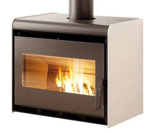 Palazzetti Asia 70SP Stufa Legna Aria Naturale Riscaldamento Irraggiamento Potenza 9,4 Kw Rivestimento Acciaio Bianco Tecnologia O2Brick Focolare Thermofix® Forma Compatta Canalizzazione Esterna Aria Comburente Cassetto Uscita Fumi Superiore 64x54 H57 cm